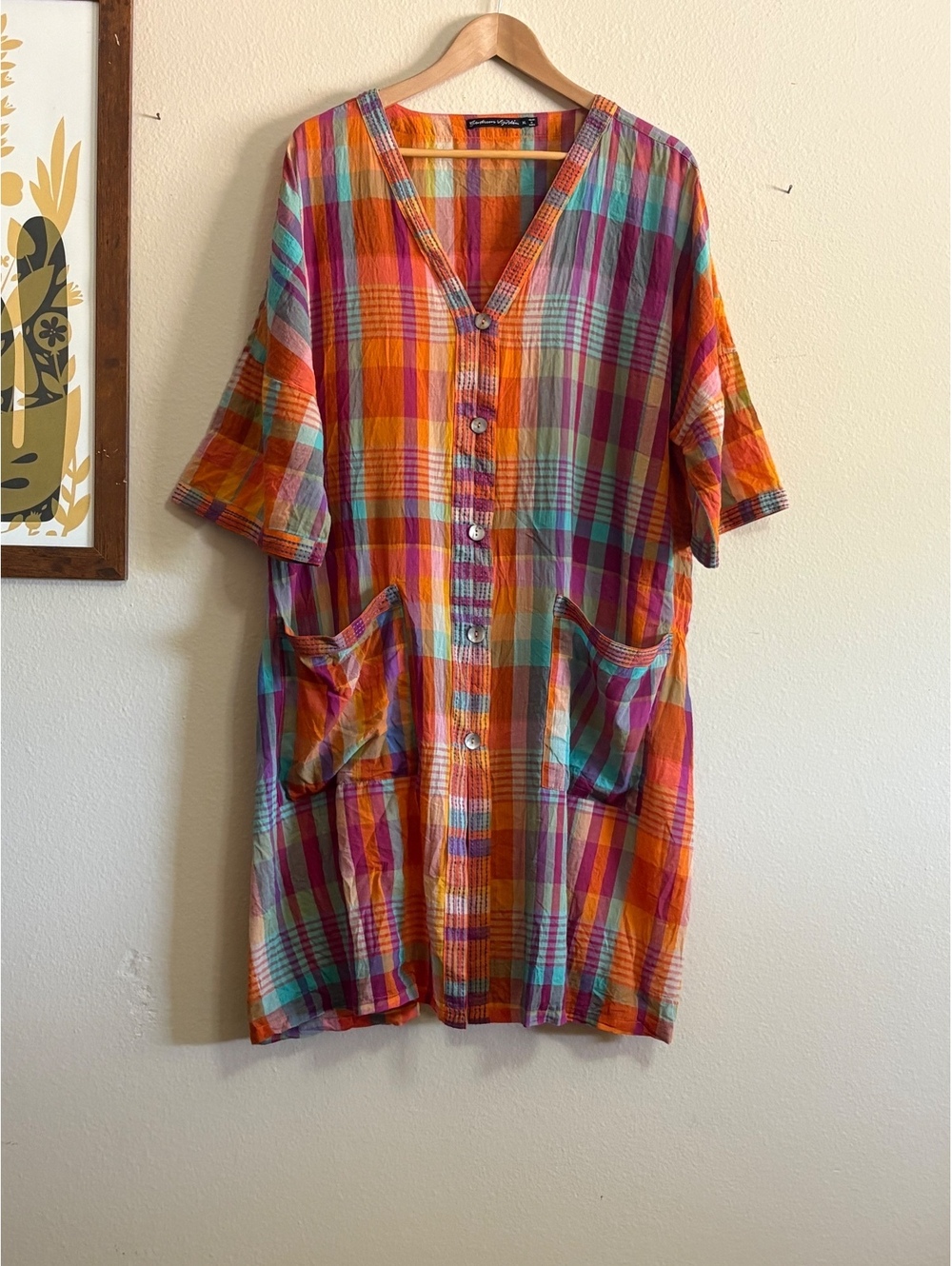 100% Organic Cotton Orange Plaid Dress Gundren Sjoden XL